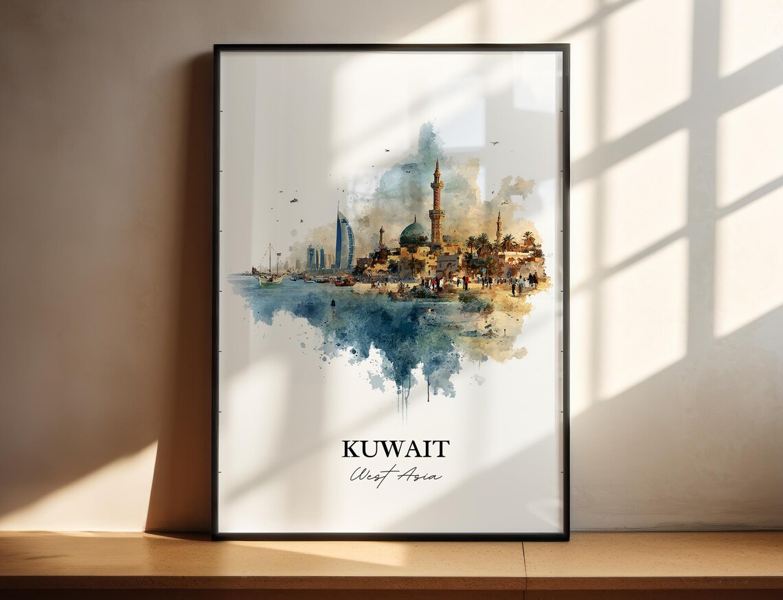 Kuwait West Asia Watercolor Coastal City Harbor Skyline Travel Poster