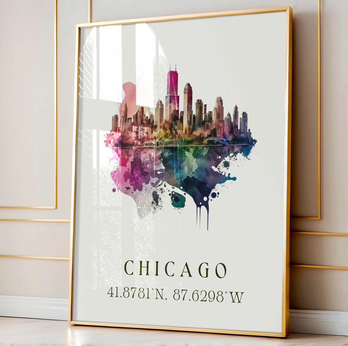 Chicago Skyline Coordinates Watercolor Pink Modern City Art Poster