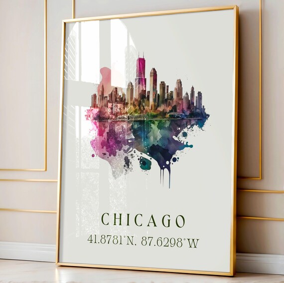 Chicago Skyline Coordinates Watercolor Pink Modern City Art Poster