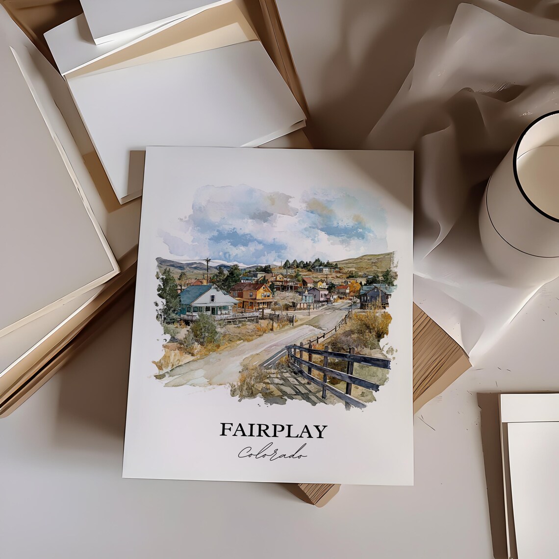 Fairplay Colorado Foothill Town Wooden Fence Watercolor Travel Poster - Image 3