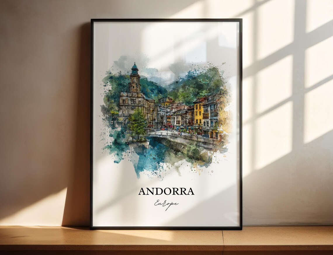 Andorra Old Mountain Town River Watercolor Europe Travel Poster