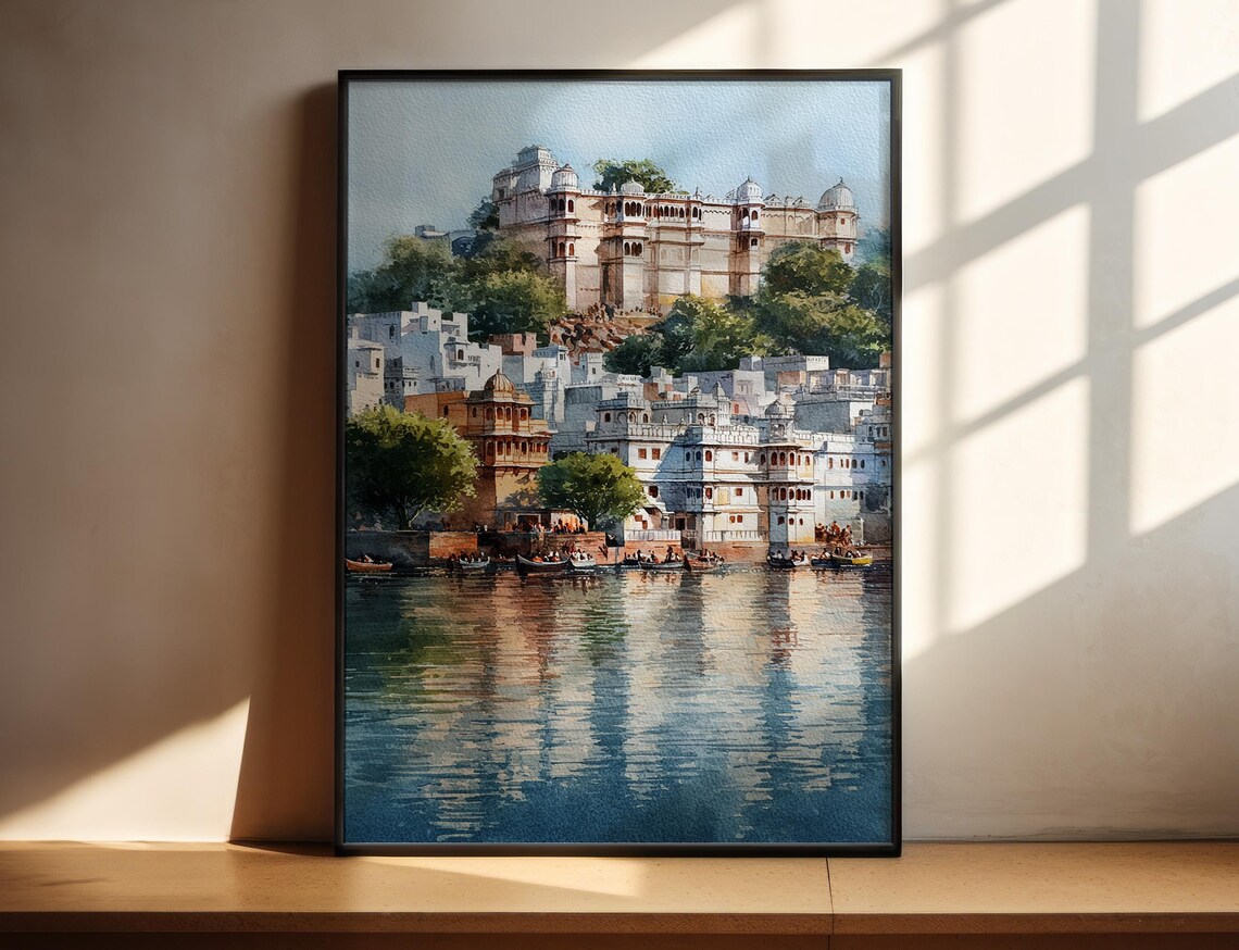 Udaipur India Watercolor Palace On The Lake Serene Travel Wall Art
