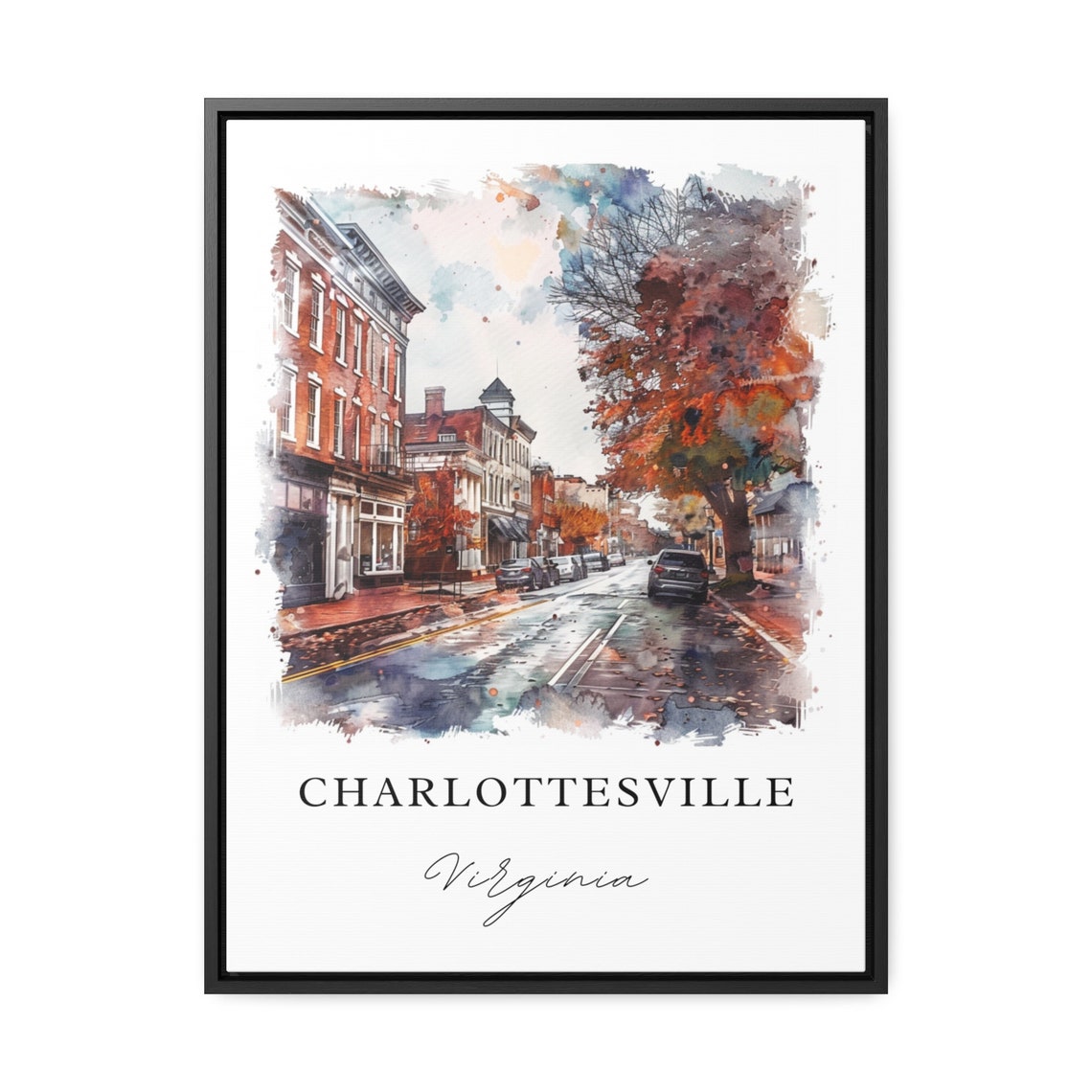 Charlottesville Virginia Downtown Street Watercolor Rainy Day Poster - Image 3