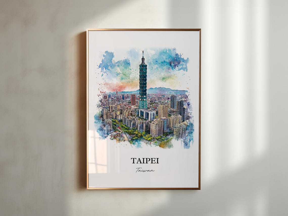 Taipei Taiwan Watercolor Iconic Tower City Skyline View Poster - Image 5