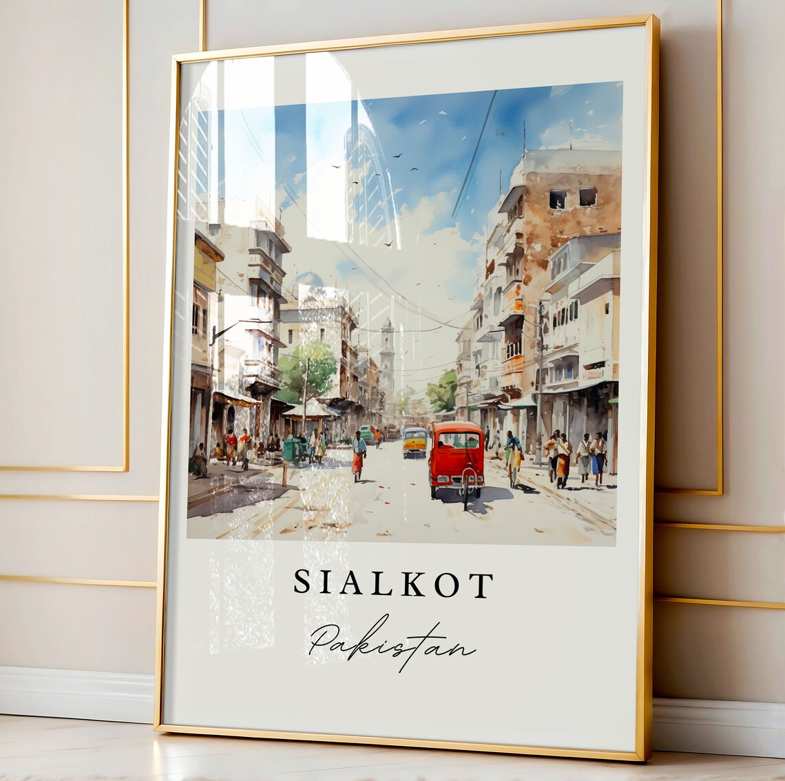 Sialkot Pakistan Old Street Rickshaw Watercolor Travel Poster - Image 3