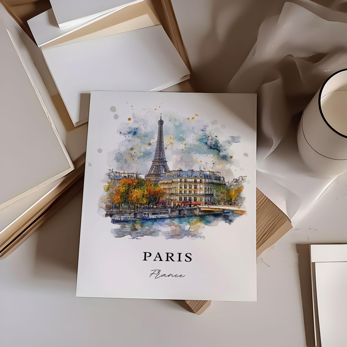Paris France Watercolor Eiffel Tower Seine River Cityscape Poster - Image 2