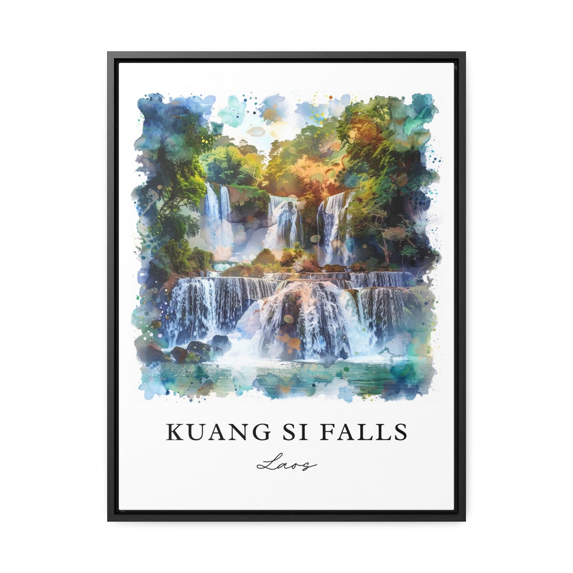 Kuang Si Falls Laos Jungle Waterfalls Watercolor Nature Travel Poster - Image 3
