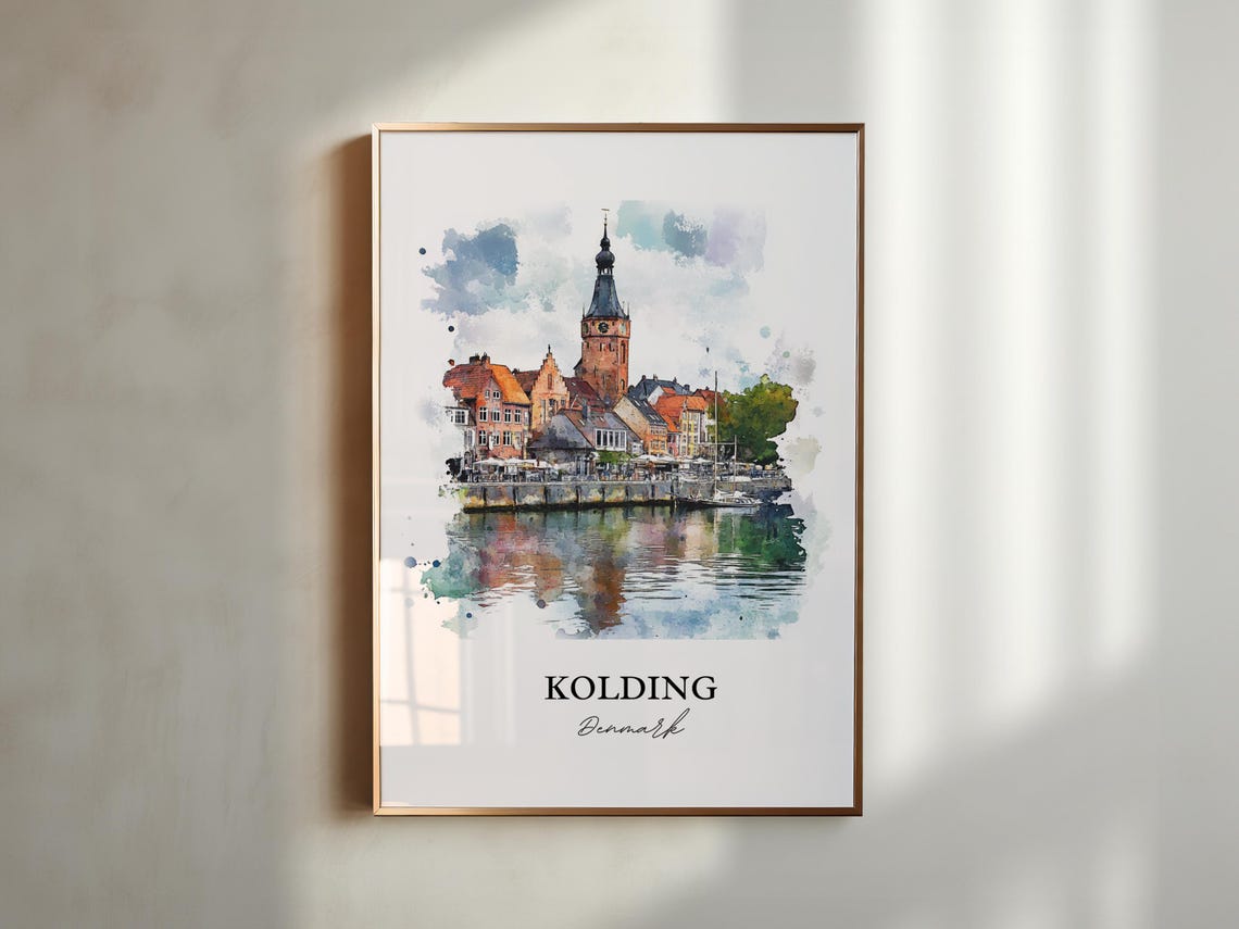 Kolding Denmark Waterfront Church Tower Reflection Watercolor Poster - Image 5