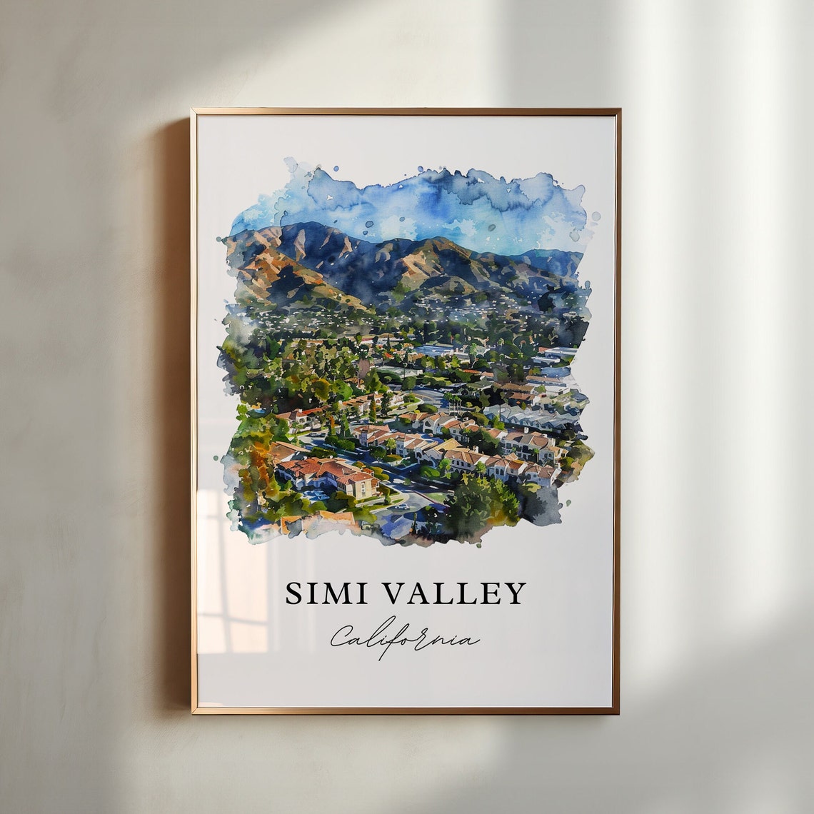 Simi Valley California Aerial Valley Hills Watercolor Town View Poster