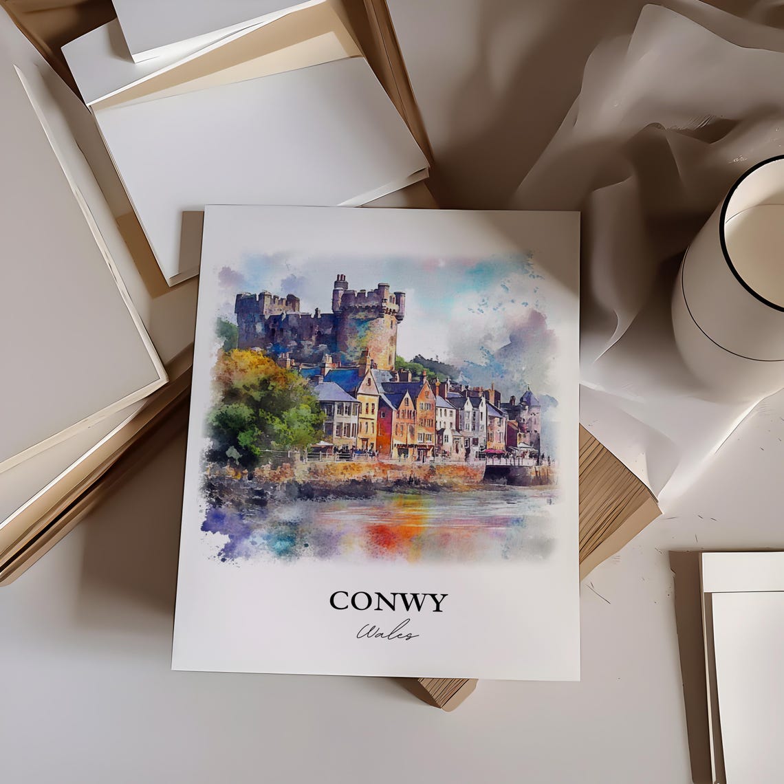 Conwy Wales Castle Harbour Watercolor Medieval Town Travel Poster - Image 3