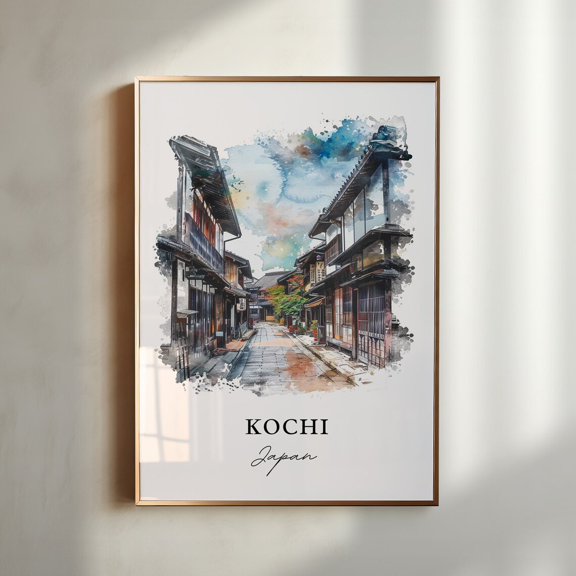 Kochi Japan Old Town Historic Wooden Street Watercolor Travel Poster