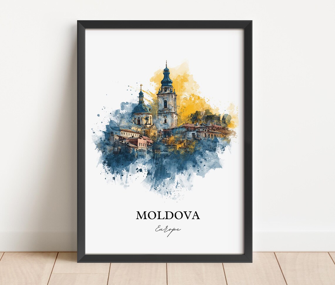 Moldova Church Towers Golden Watercolor Europe Travel Poster - Image 3