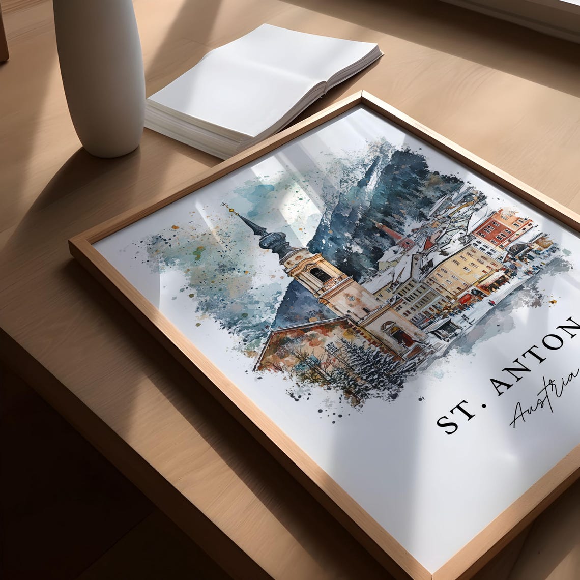 St. Anton Austria Snowy Alpine Village Watercolor Ski Poster - Image 4