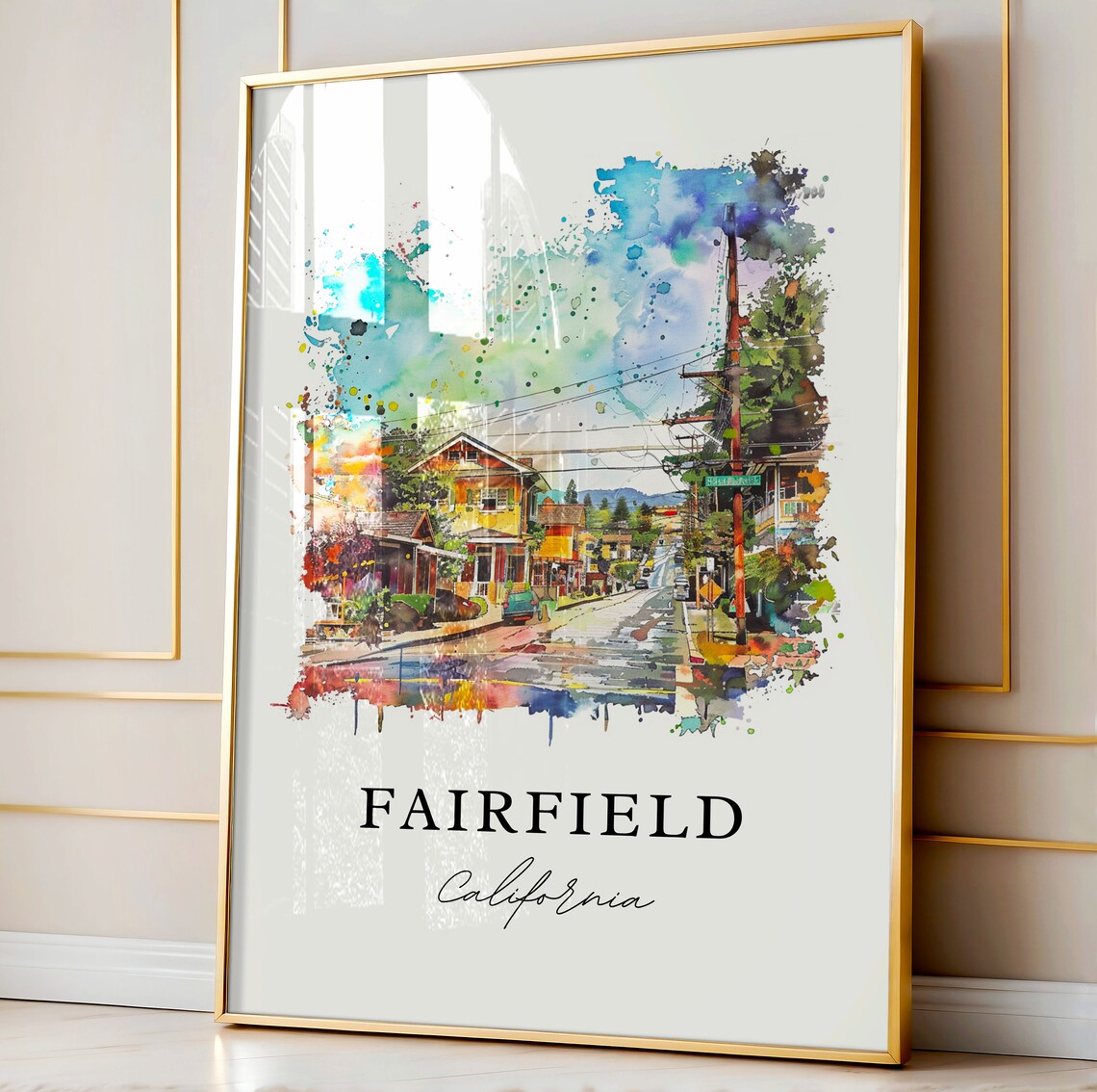 Fairfield California Watercolor Colorful Street Houses Scene Poster - Image 3