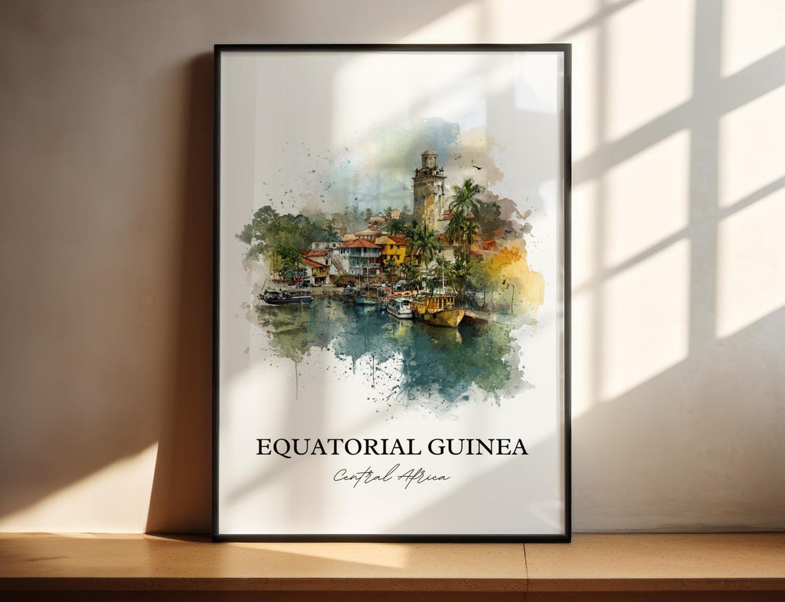 Equatorial Guinea Central Africa Harbor Watercolor Travel Poster
