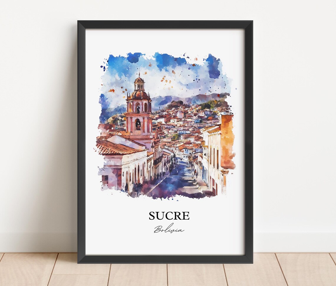 Sucre Bolivia Watercolor Colonial Street Church Tower Travel Poster - Image 4