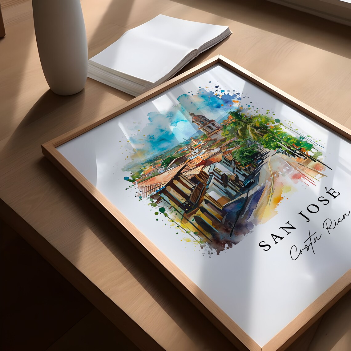 San Jose Costa Rica Watercolor Colonial Street Church Tower Poster - Image 5