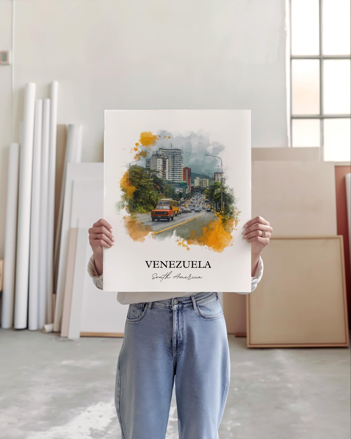 Venezuela South America Bustling City Avenue Watercolor Poster - Image 5