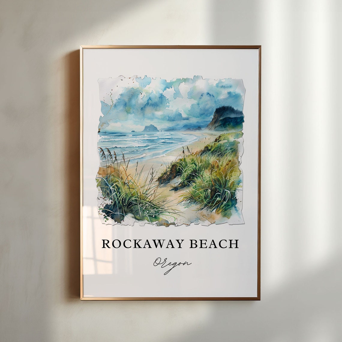 Rockaway Beach Oregon Watercolor Sandy Dunes Ocean Scene Poster