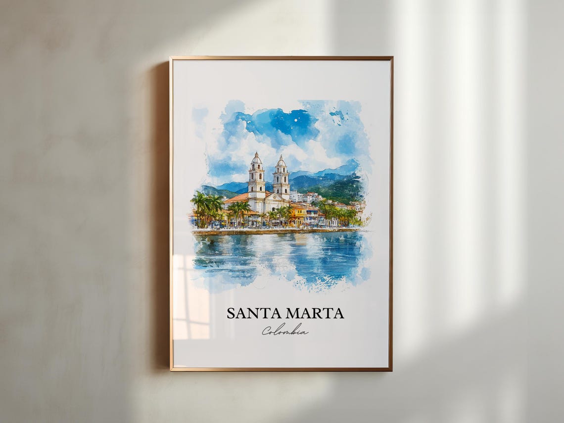 Santa Marta Colombia Waterfront Cathedral Twin Towers Travel Poster - Image 2