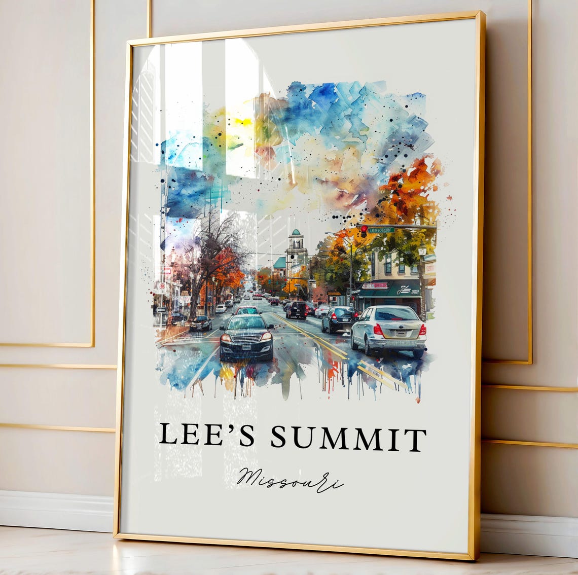 Lees Summit Missouri Watercolor Downtown Street Scene Poster - Image 3