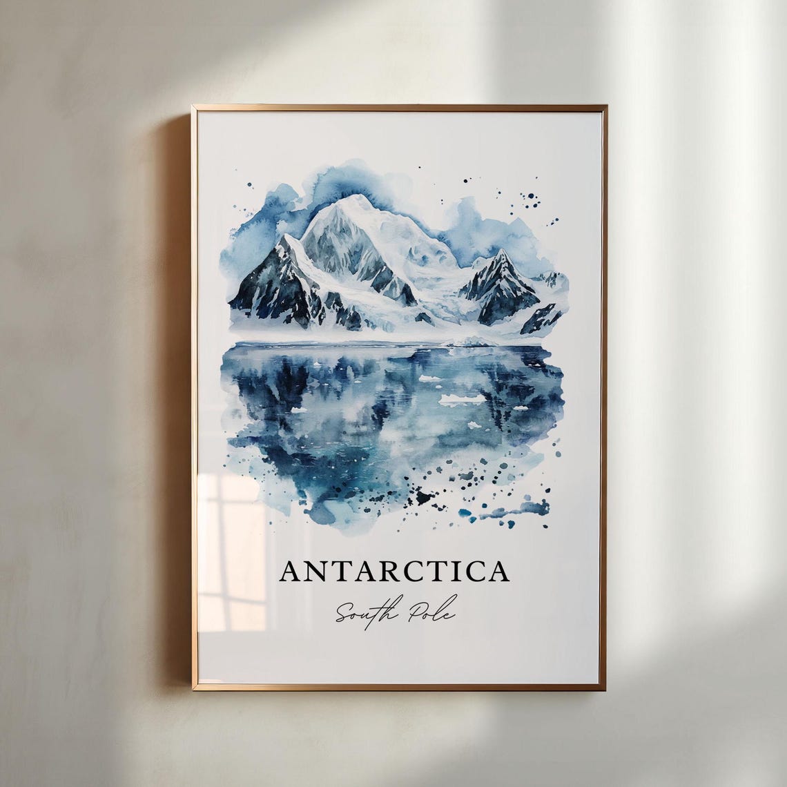 Antarctica South Pole Icy Peaks Glacial Reflection Watercolor Poster