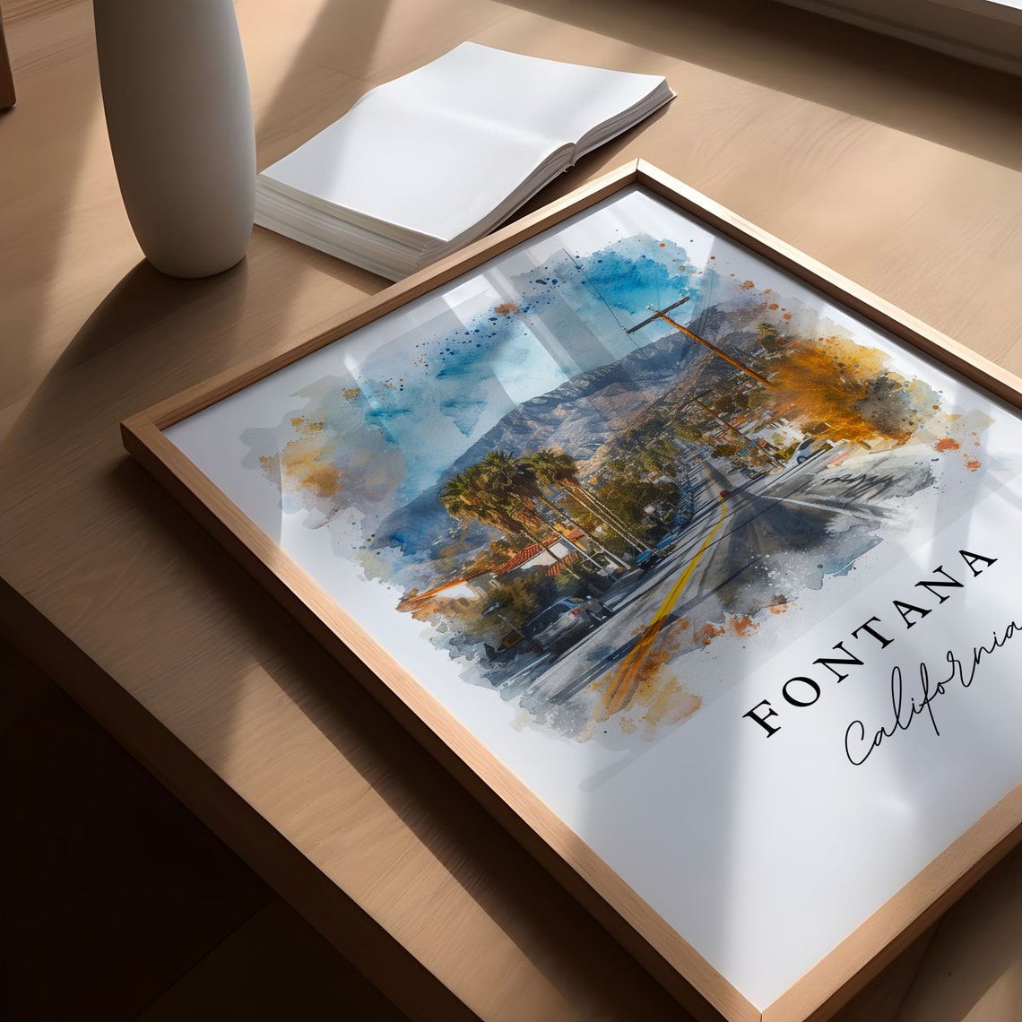 Fontana California Sunlit Palm Lined Street Mountain View Poster - Image 5