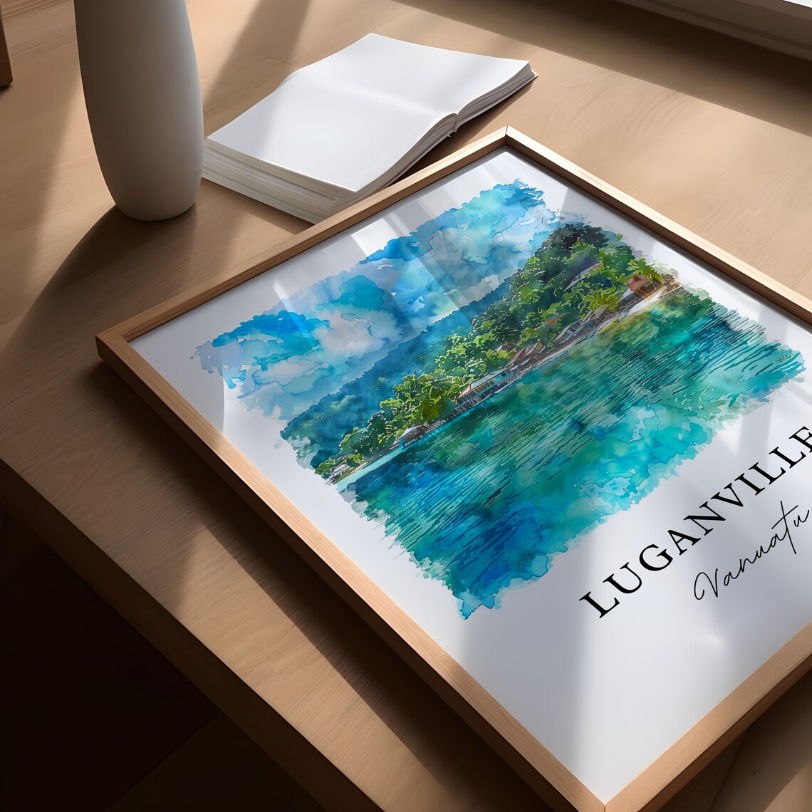 Luganville Vanuatu Turquoise Lagoon Village Watercolor Art Print - Image 5