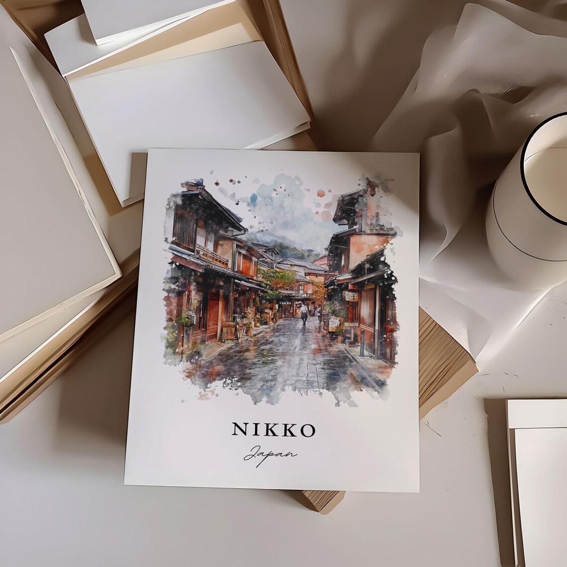 Nikko Japan Watercolor Art Historic Wooden Street Autumn Poster - Image 6