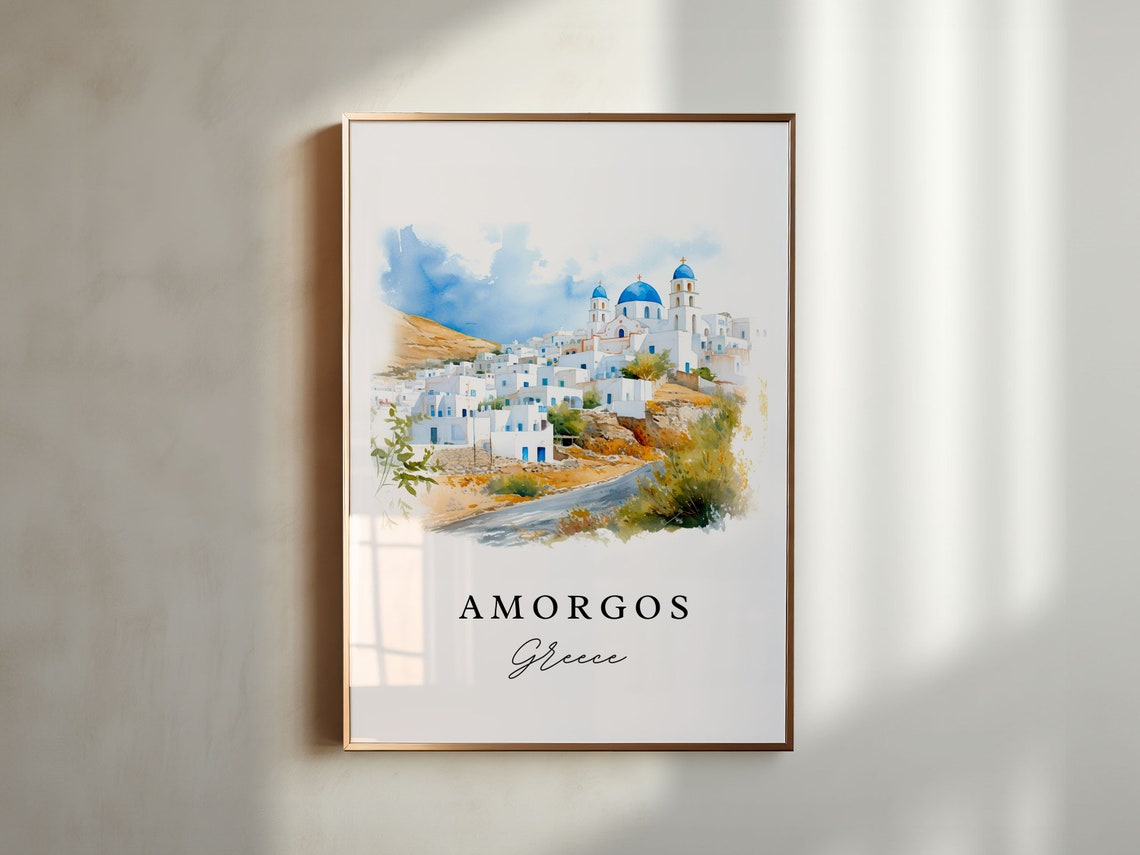 Amorgos Greece Blue Domed Island Church Watercolor Travel Poster - Image 5