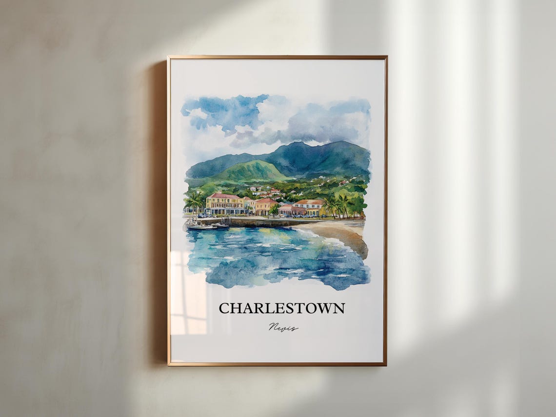 Charlestown Nevis Island Caribbean Harbor Watercolor Travel Poster - Image 5