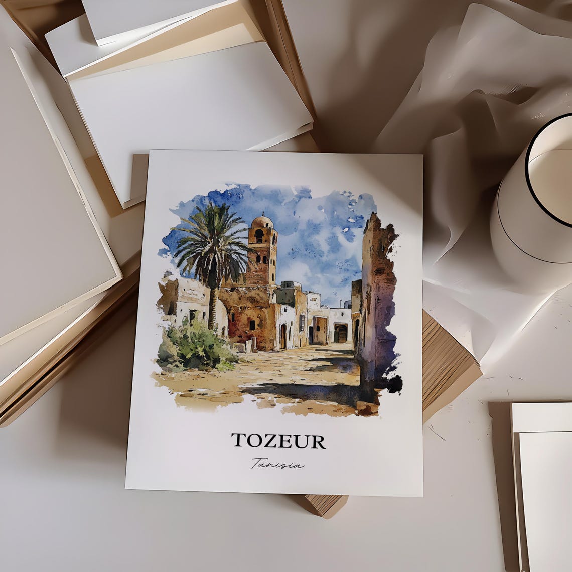 Tozeur Tunisia Old Desert Town Tower Palm Watercolor Travel Poster - Image 3