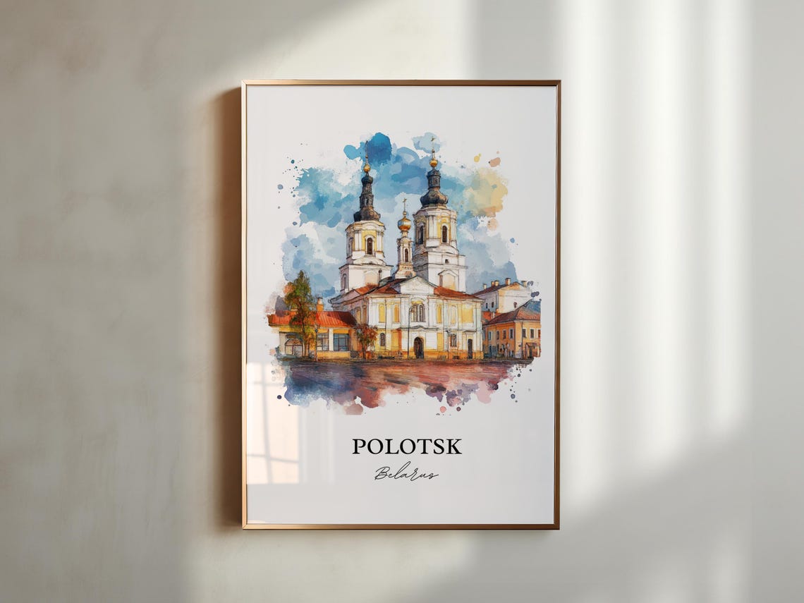 Polotsk Belarus Twin Tower Church Square Scene Watercolor Poster - Image 5