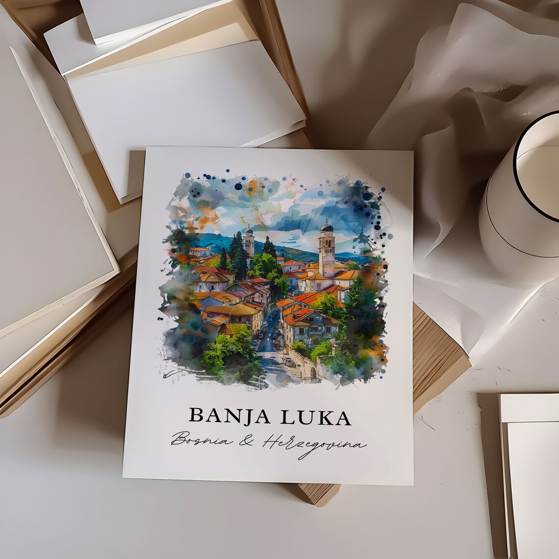 Banja Luka Bosnia and Herzegovina Watercolor Cityscape Travel Poster - Image 6