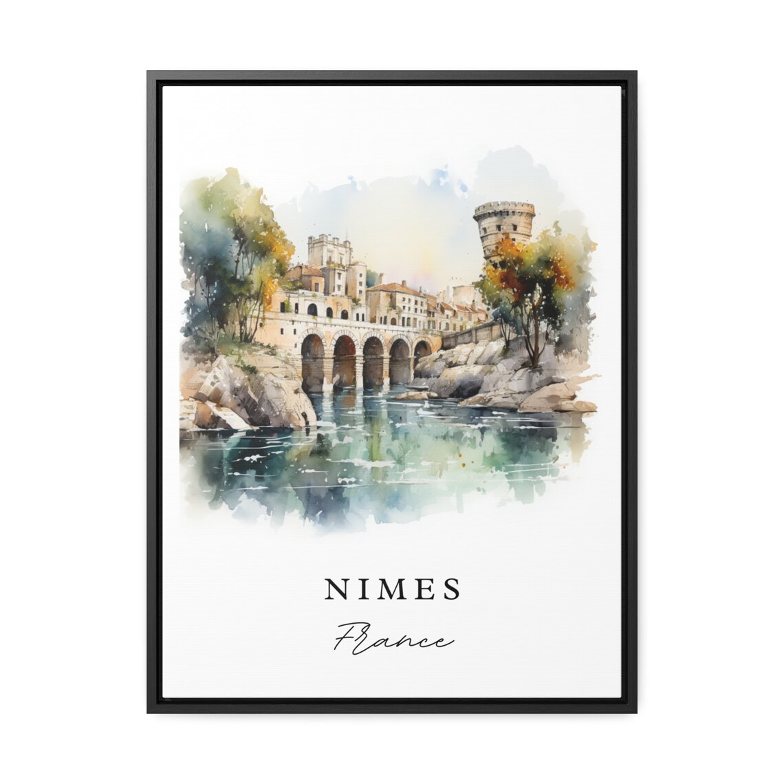 Nimes France Riverside Bridge Tower Watercolor Travel Poster - Image 2