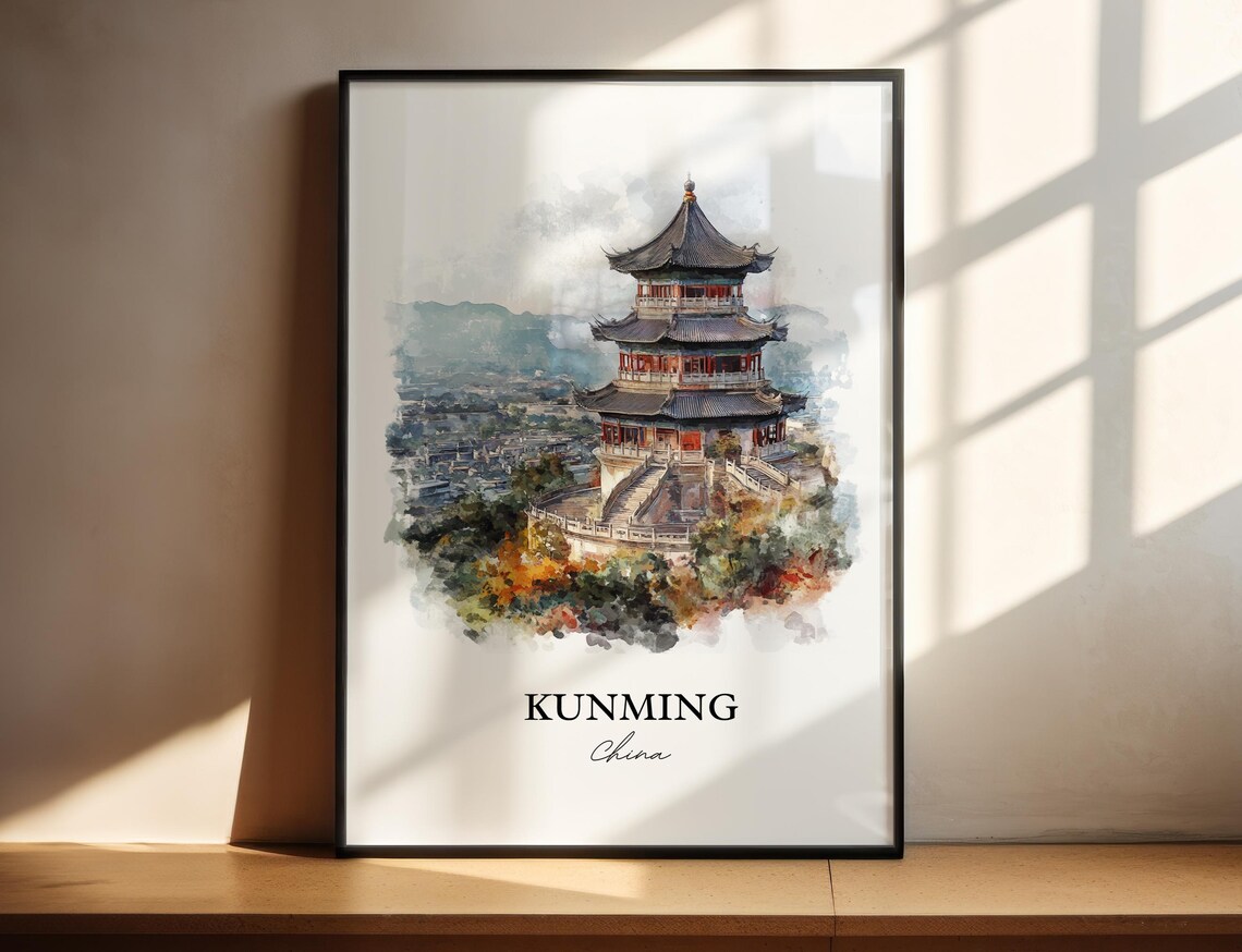Kunming China Watercolor Pagoda Hills City Skyline View Poster