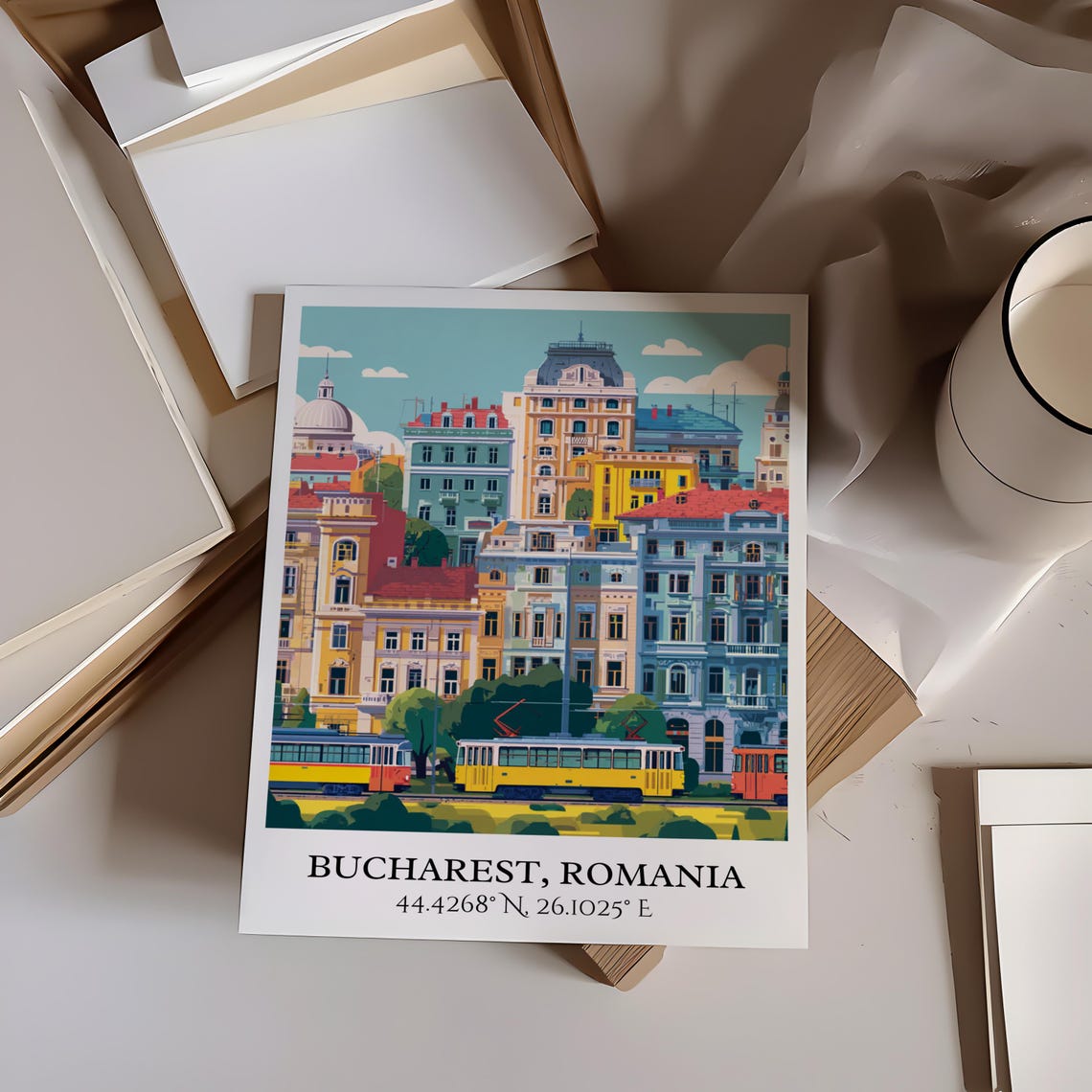 Bucharest Romania Historic Center Trams Colorful Travel Poster - Image 2