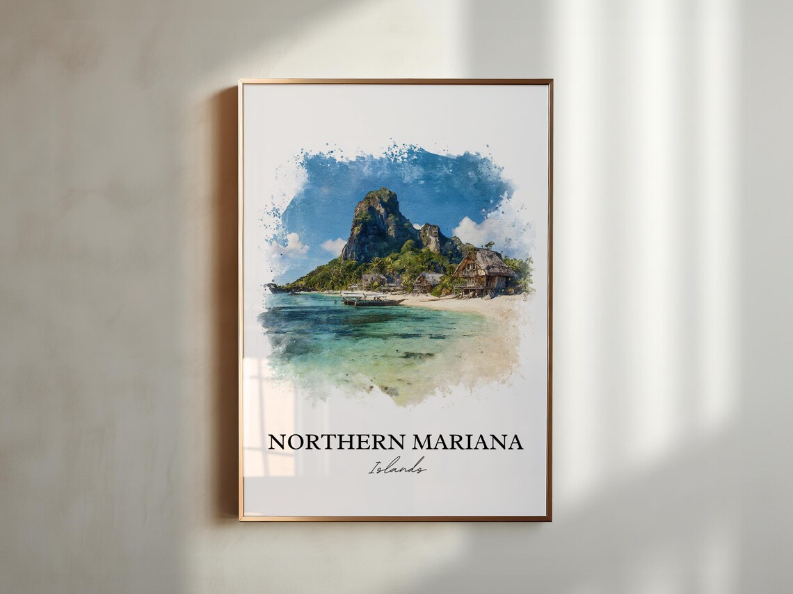Northern Mariana Islands Tropical Beach Mountain Watercolor Poster - Image 6