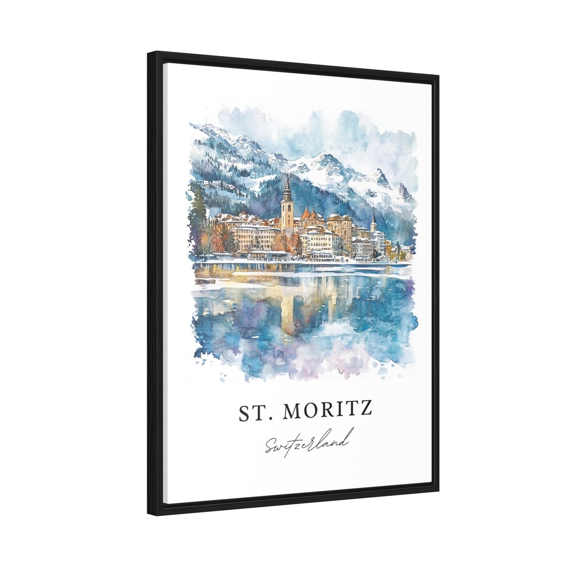St. Moritz Switzerland Snowy Alpine Lake Watercolor Travel Poster - Image 2