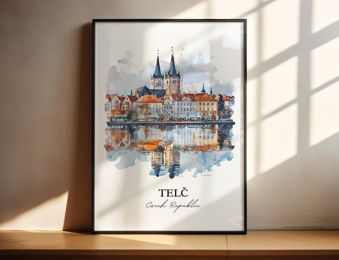 Telc Czech Republic Watercolor Old Town Square View Travel Poster
