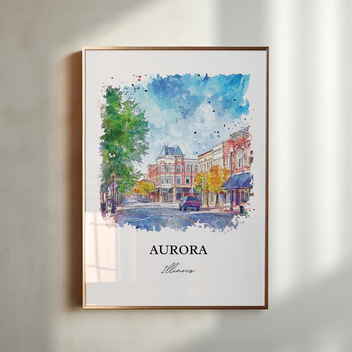 Aurora Illinois Historic Downtown Main Street Watercolor Travel Poster