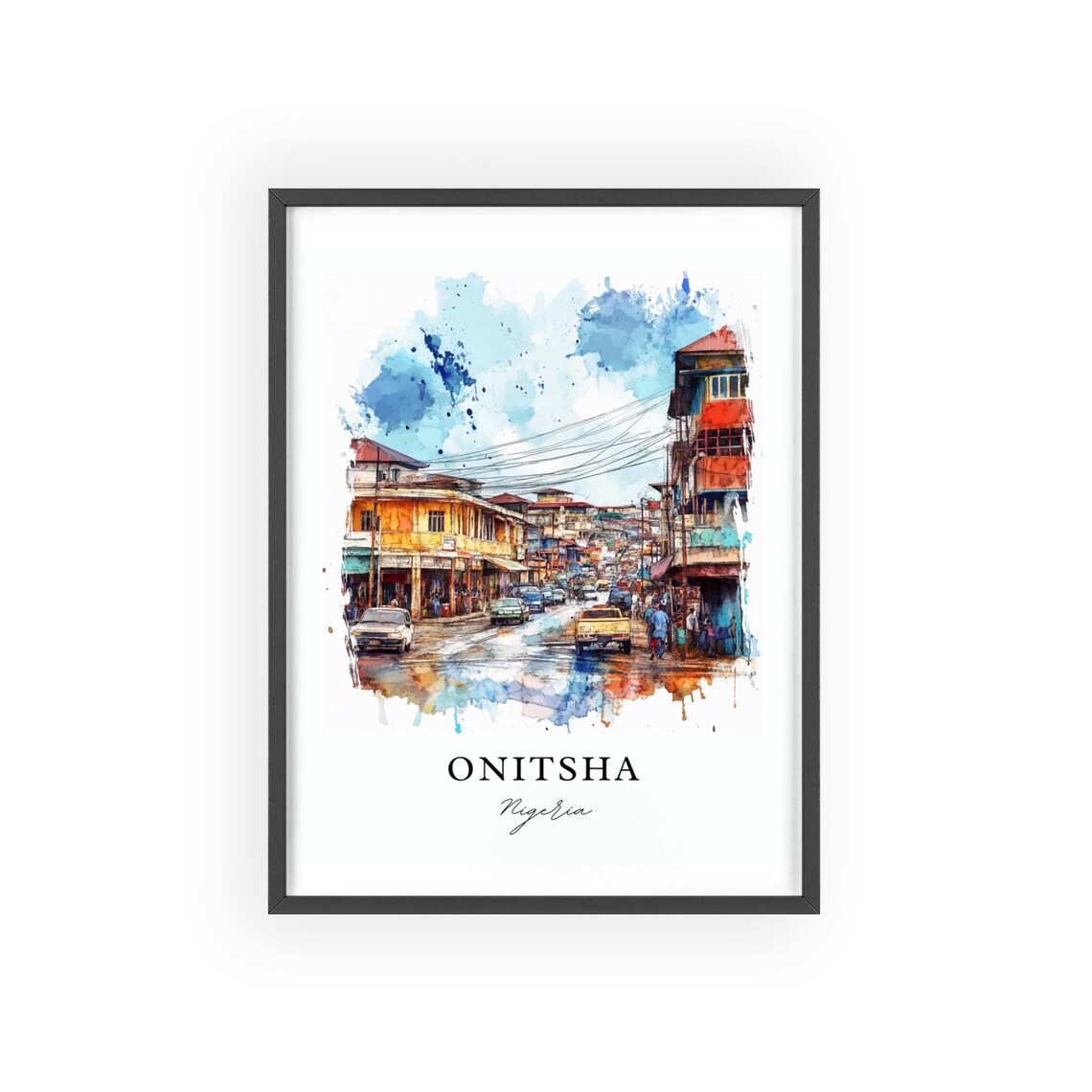 Onitsha Nigeria Watercolor Busy Market Street Scene Travel Poster