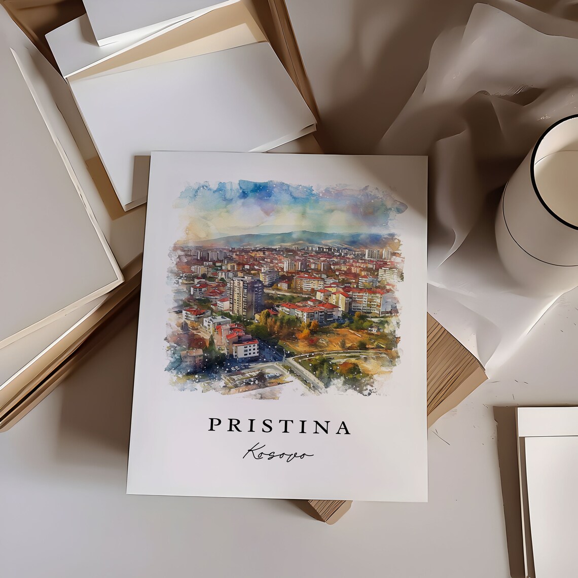 Pristina Kosovo Watercolor City Panorama Travel Souvenir Poster - Image 6
