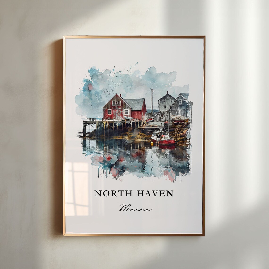 North Haven Maine Watercolor Coastal Fishing Village Art Poster