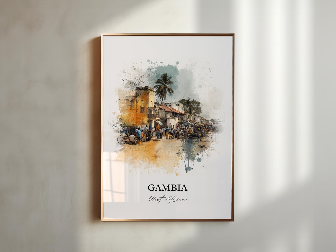 Gambia West Africa Palm Lined Market Street Watercolor Poster - Image 5