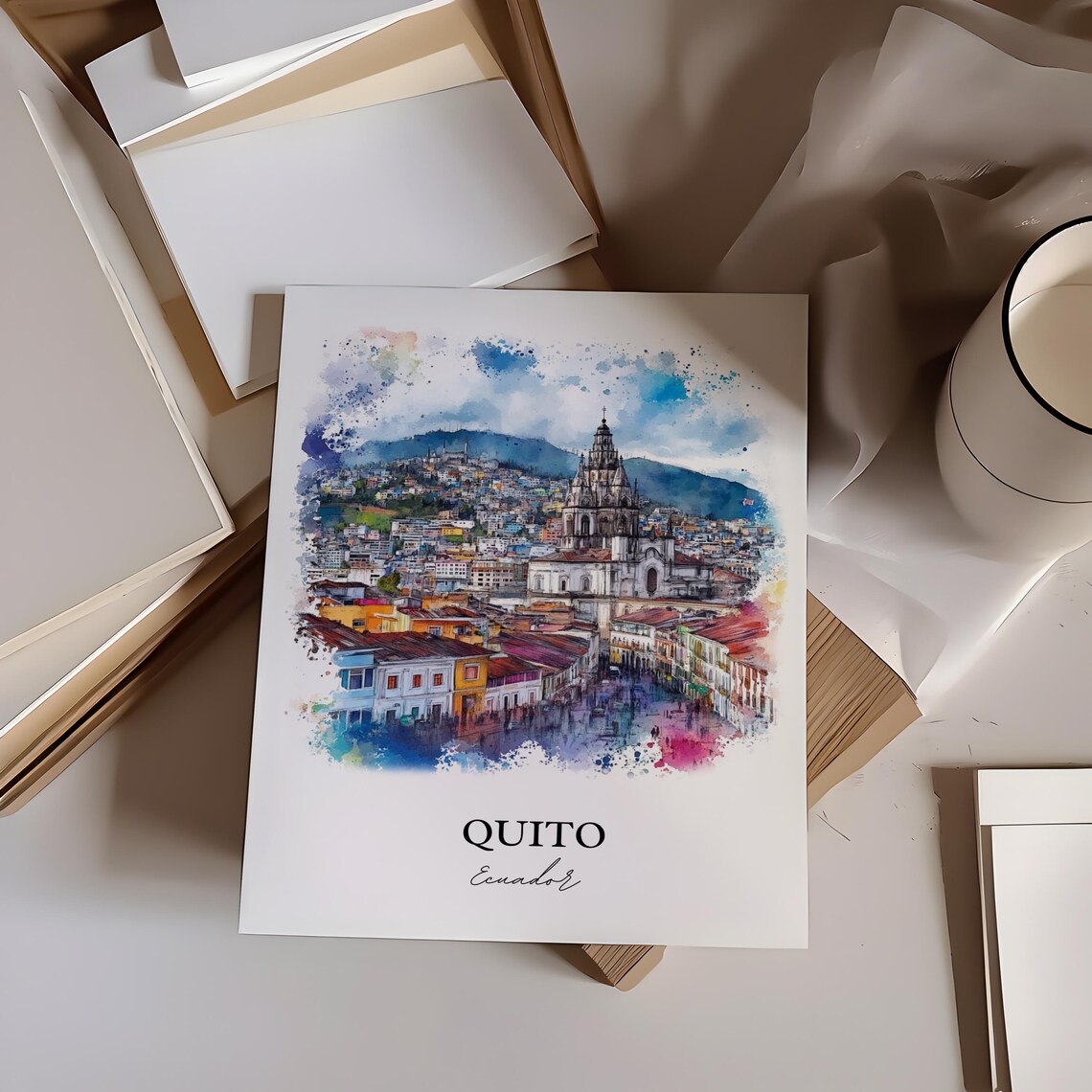 Quito Ecuador Old Town Church Andes Mountain Watercolor Poster - Image 2