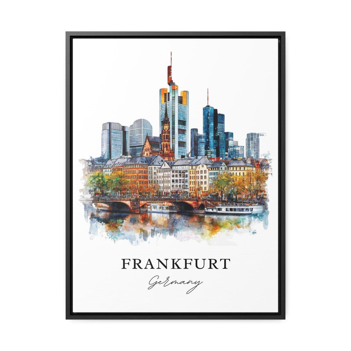 Frankfurt Germany Watercolor Modern Skyline River Scene Poster - Image 2