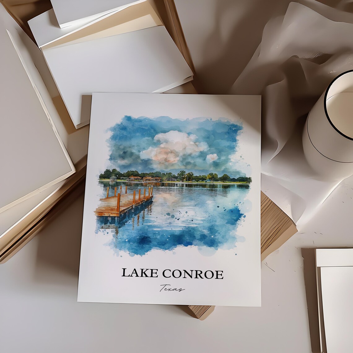 Lake Conroe Texas Scenic Wooden Dock Watercolor Lakeside Poster - Image 3