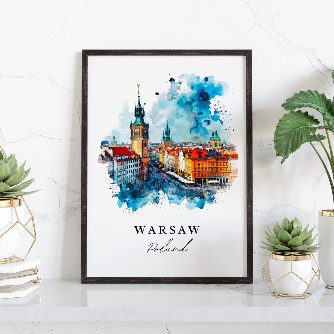 Warsaw Poland Colorful Old Town Square Watercolor Travel Poster - Image 3