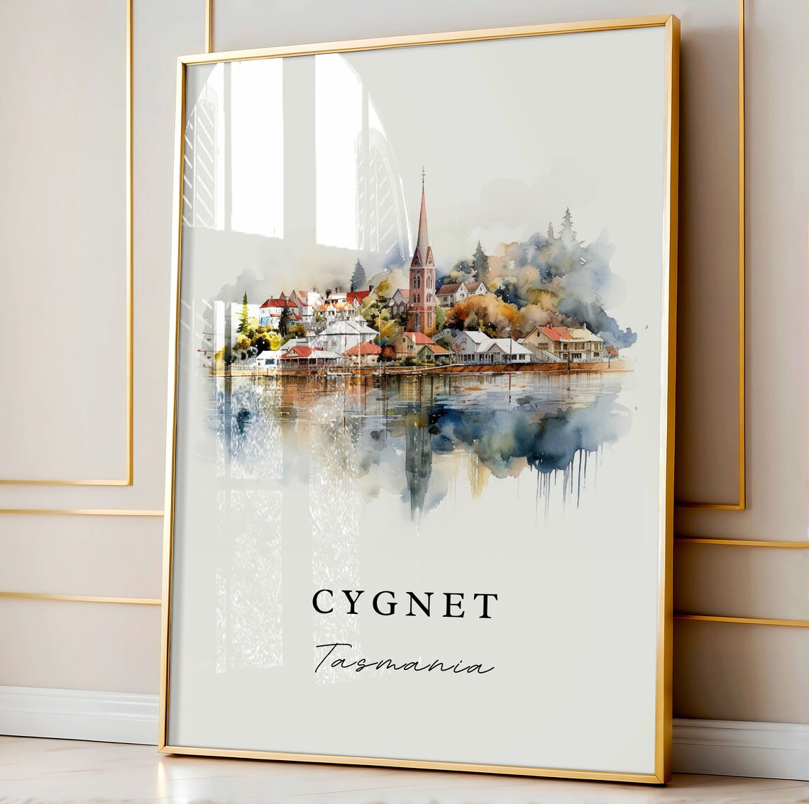 Cygnet Tasmania Harbor Town Church Spire Watercolor Travel Print - Image 4